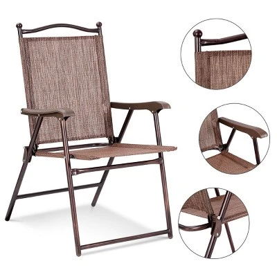 Costway Set Of 2 Patio Folding Sling Back Chairs Camping Deck Garden Beach Brown 6 Costway Set Of 2 Patio Folding Sling Back Chairs Camping Deck Garden Beach Brown - Image 4