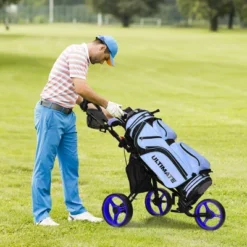 Costway 30 Costway Folding 3 Wheels Golf Push Cart W/Seat Scoreboard Adjustable Handle RedBlueGreyGreen