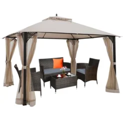Costway 12' X 10' Outdoor Patio Gazebo Canopy Shelter Double Top Sidewalls Netting Brown Beige -Costway GUEST 1ce1da82 7b18 4275 a327 8bb778bd31df