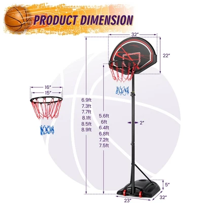 Costway 5.6-7.5FT Height Adjustable Basketball Hoop System Stand W/Wheels Adults & Youth 10 Costway 5.6-7.5FT Height Adjustable Basketball Hoop System Stand W/Wheels Adults & Youth - Image 8