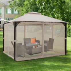 Costway 12' X 10' Outdoor Patio Gazebo Canopy Shelter Double Top Sidewalls Netting Brown Beige -Costway GUEST 2d0001d7 89e0 4585 b641 9b762a32113c