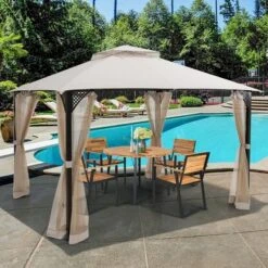 Costway 12' X 10' Outdoor Patio Gazebo Canopy Shelter Double Top Sidewalls Netting Brown Beige -Costway GUEST 46c3a3e5 4ddd 40e2 8dbd b1983dd8b8d3