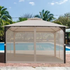 Costway 12' X 10' Outdoor Patio Gazebo Canopy Shelter Double Top Sidewalls Netting Brown Beige -Costway GUEST 4d038f21 cb8f 4957 96a2 d08d7ba83890