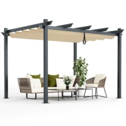 Costway 10x12ft Outdoor Aluminum Retractable Pergola Canopy Shelter Grape Trellis Beige/Gray -Costway GUEST 892ea2a9 010b 497d 8644 38baf7f7a9c6