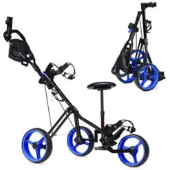Foldable 3 Wheel Push Pull Golf Club Cart Trolley W/Seat Scoreboard Bag Red/Blue -Costway GUEST aa55d885 1dd3 42f7 831a 46f78da10f48