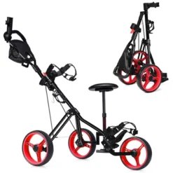 Foldable 3 Wheel Push Pull Golf Club Cart Trolley W/Seat Scoreboard Bag Red/Blue -Costway GUEST aff886be fcbd 431a ad02 b7508f75755c