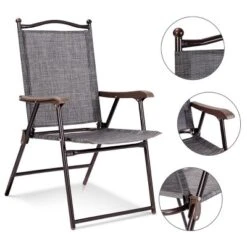 Costway Set Of 2 Patio Folding Sling Back Chairs Camping Deck Garden Beach Gray -Costway GUEST bb4785c5 3547 4ac9 8ddf 258ce98c8100