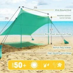 Costway Family Beach Tent Canopy W/ 4 Poles Sandbag Anchors 7'x7' UPF50+ Green -Costway GUEST d87bbe9b f020 43e2 91d5 a7047a072c1d