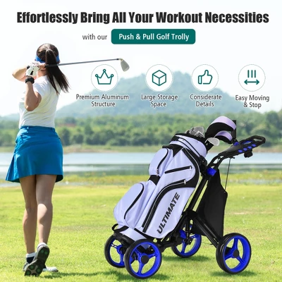 Costway Folding 4 Wheels Golf Push Cart W/Bag Scoreboard Adjustable Handle RedBlueGrayGreen 6 Costway Folding 4 Wheels Golf Push Cart W/Bag Scoreboard Adjustable Handle RedBlueGrayGreen - Image 4